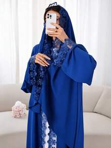 女性開襟式長袍 + 頭巾，奢華蕾絲珠飾飾邊長袖杜拜風端莊外套，開齋節伊斯蘭服飾 - 彩色 - 查看 27