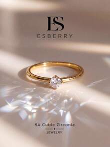 ESBERRY 1pc Minimalist 4-Prong Inlaid Ring, Gold Plated, Elegant Daily Wear Jewelry, Gift - Gold - View 1