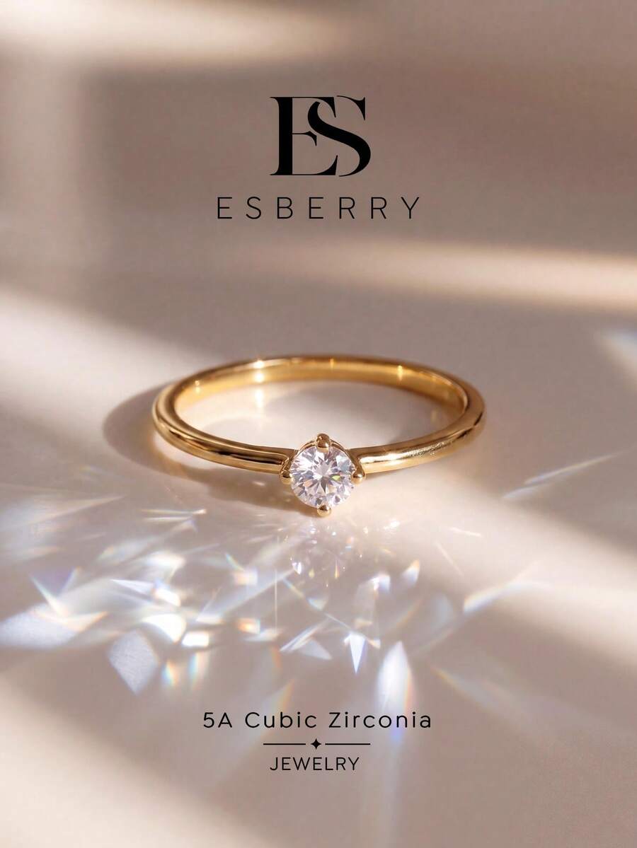 ESBERRY 1pc Minimalist 4-Prong Inlaid Ring, Gold Plated, Elegant Daily Wear Jewelry, Gift - Gold - View 1