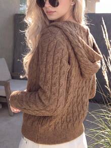 Women's Winter Knitted Cardigan, Hooded Long Sleeve Double Zipper Short Cable Knit Sweater, Suitable For Autumn Wear - Camel - View 2