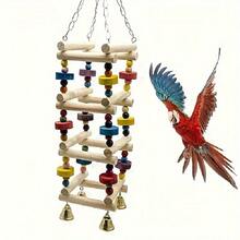 1pc Bird Swing Ladder Toy, Bird Rocking Exercise Climbing Hanging Ladder, Bird Toy, Bird Supplies, Wooden Parrot Hammock, Parrot Climbing Rack With Hanging Chain (Random Color Bell Beads Wooden Blocks) - Apricot - View 6