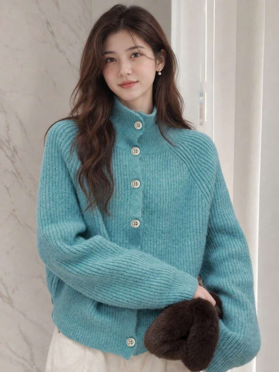 Alicedudu Women's Autumn/Winter Casual Reversible Collar Cardigan Sweater - Teal Blue - View 1