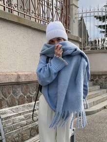 1pc Solid Color Scarf, Warm Neck Accessory For Winter, Thick Knitted Wool Tassel Shawl, Suitable To Pair With Dresses,Beach,Holiday - Blue - View 7