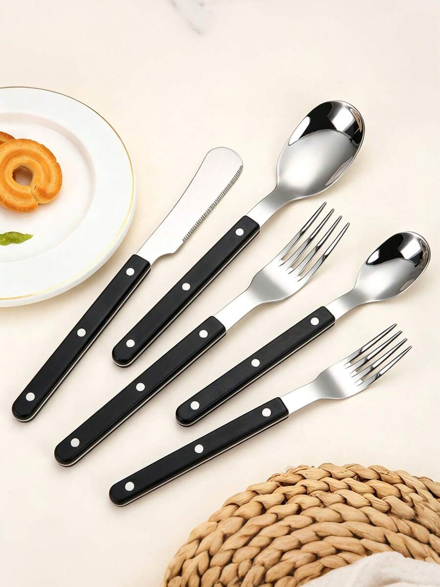 5pcs Stainless Steel Riveted Handle Knife Fork Spoon Dessert Spoon Fork Set Steak Knife Fork Heat-Resistant Handle Tableware Butter Knife - Silver - View 1