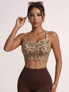 Women's Contrast Leopard Print Yoga Sports Bra, Sexy Sheer Breathable Moisture-Wicking Fabric Spring Fall - Brown - View 6