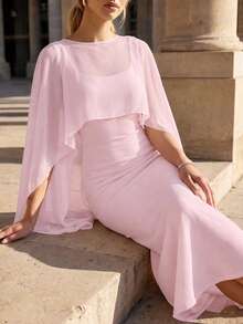 Perirose Women's Solid Color Round Neck Cape Sleeve Fitted Mermaid Hem Elegant Extra Long Dress - Pink - View 7