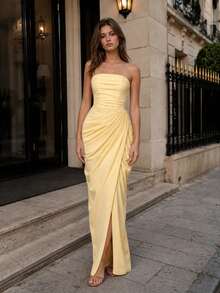 VIPGIRL Yellow Strapless Evening Dress Ruched Corset Drape Front Split Backless Lace Up Bodycon Floor Length Prom Party Formal Wedding Guest Maxi Dress - Yellow - View 1