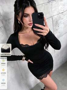 SUNSTORY Women's Autumn/Winter Elegant Casual Black Lace Patchwork Ruffle Square Neck Slim Fit Long Sleeve Short Dress, Suitable For Daily Wear, Music Festivals, Commuting, Party Outfits - Black - View 5