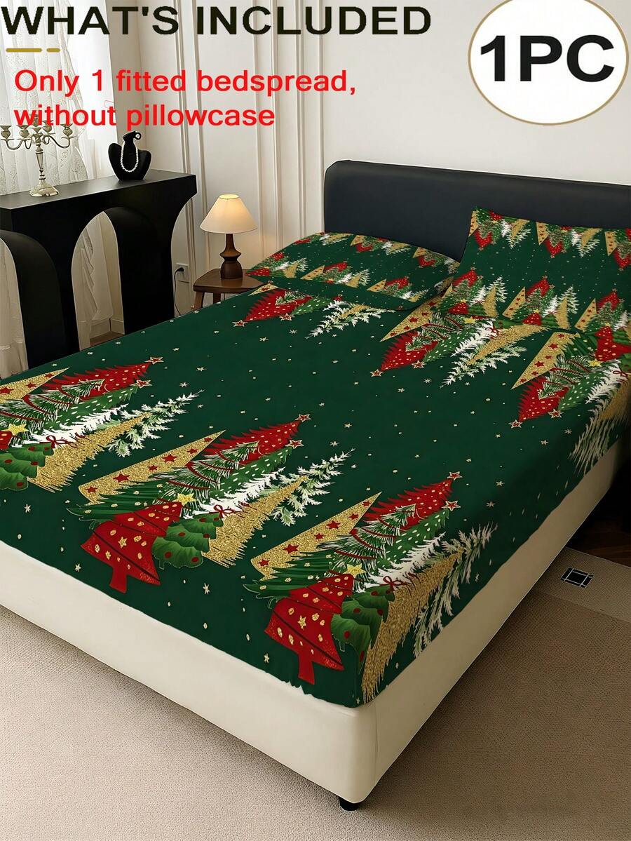 1PC Green Christmas Theme Pattern Fitted Sheet (Fitted Sheet Only, No Pillowcase), Christmas Tree Print Soft Bedding, Suitable For Bedroom, Guest Room, School Dormitory, Easy To Remove And Machine Washable All Season Mattress Protector, Perfect Christmas Gift For Parents And Friends - Multicolor - View 1