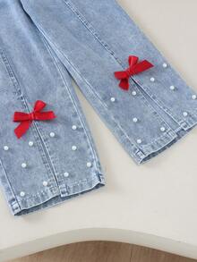 2pcs Girls Sweet Cute Style Lapel Beaded Long Sleeve Top & Bow Decor Split Hem Washed Denim Jeans Set, Spring/Autumn - Red - View 5