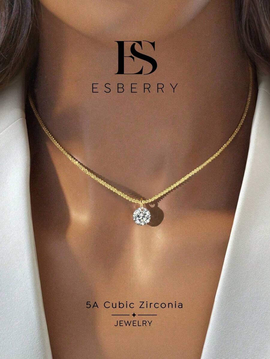 ESBERRY 1件亮白色鋯石吊墜項鍊，珠寶，適合女性的優雅禮物，適用於日常配戴和情人節