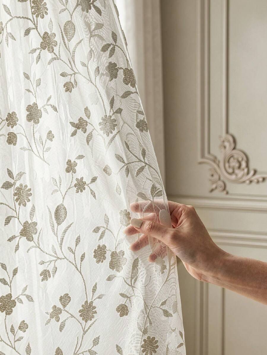 1pc Embroidered White Floral Fresh Fashion Gauze Curtain, Floral Pattern, Rod Pocket Design, Suitable For Living Room And Bedroom - Transparent And Light Filtering Curtains, Living Room Curtains, Bedroom Curtains - Multicolor - View 1