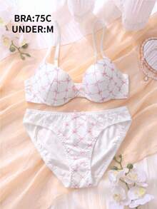 DelicateAllure 2pcs Set Lace Patchwork Bowknot Padded Underwire Bra & Panty , Sweet & Charming, Lift & Support - White - View 12
