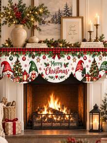 Christmas Fireplace Mantel Scarf, 2026,Red Green Buffalo Plaid Polyester Scalloped Valance With Merry Christmas Lettering Tree Lantern Gift Pine Garland Print, Rustic Holiday Fireplace Decor For Living Room - Multicolor - View 8