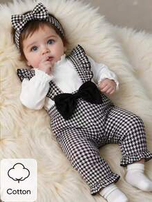 Autumn/Winter Baby Girl Cute Stylish White Top With Ruffle Collar & Houndstooth Ruffle Suspender Big Bow Flare Long Pants Set - Black and White - View 1