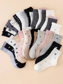 1/3/5/8/10 Pairs Women Sweet Heart & Bow Pattern Fashion Warm Comfortable Mid-Calf Socks - Multicolor - View 1