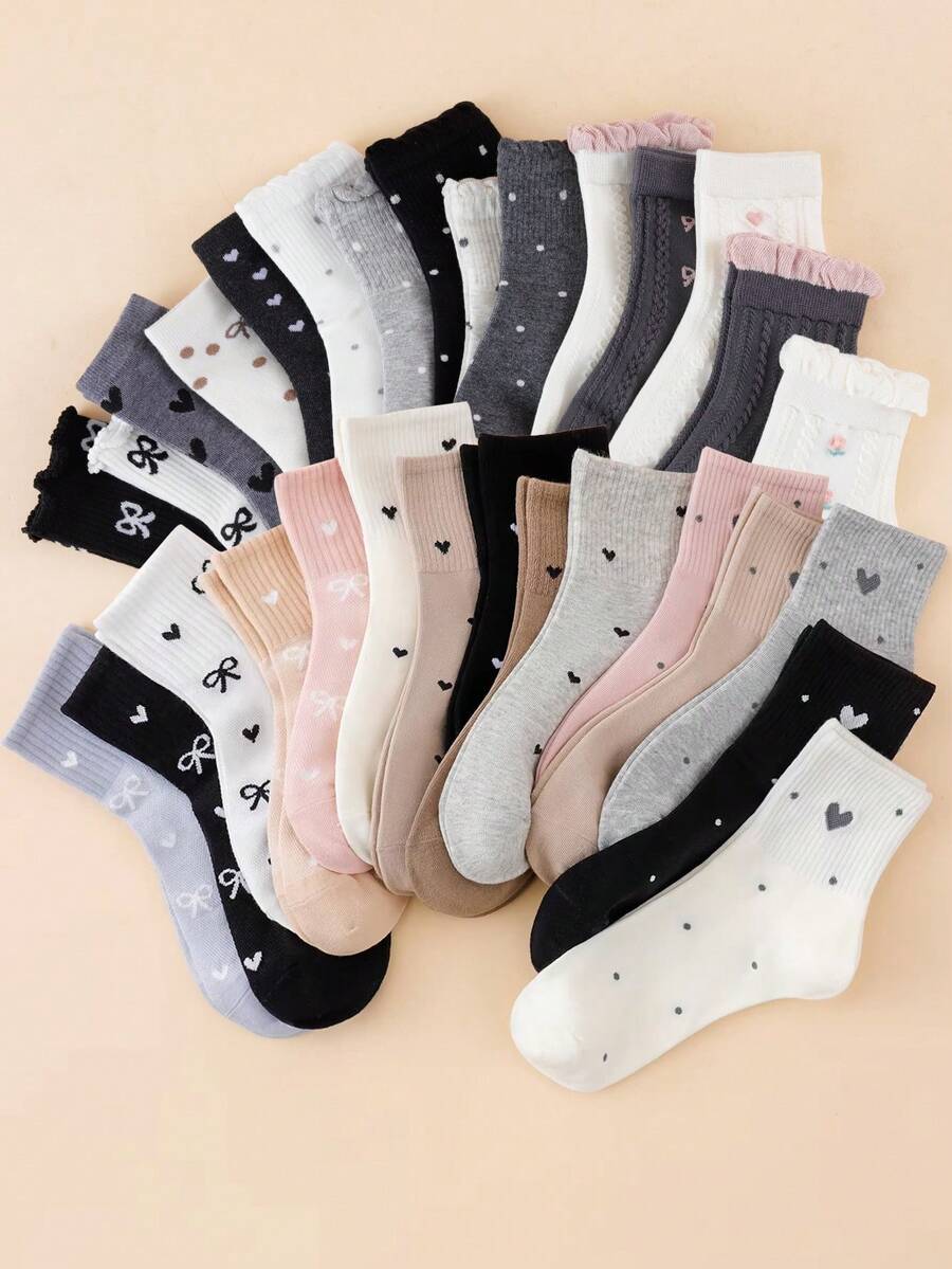 1/3/5/8/10 Pairs Women Sweet Heart & Bow Pattern Fashion Warm Comfortable Mid-Calf Socks - Multicolor - View 1