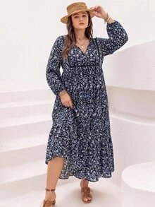 Rusttydustty Women's Plus Size Blue & Black Small Ditsy Floral V-Neck Ruffle Patchwork Long Sleeve Dress, Suitable For Autumn/Winter, Halloween Outfit - Black - View 2