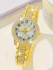Gold-Tone Full Rhinestone Floral Dial Women's Quartz Watch Set, Rhinestone Bracelet, Necklace, Ring, Stud Earrings Fashion Jewelry Set, Suitable For Daily Commute, Party, Evening Wear, Valentine's Day, Mother's Day, Birthday Gift - Gold - View 5