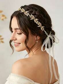 1pc Elegant Gold Leaf Rhinestone Bridal Headband Fairy Style Ribbon Tie Hair Accessory For Wedding Party - Gold - View 2