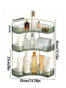 1pc 90-Degree 3-Tier Corner Shelf, U-Shape Opening Vanity Organizer, Large Capacity Makeup & Skincare Storage Rack with Gold Metal Frame for Bathroom Countertop, Space Saving. - Estante triangular para baño verde - Ver 9