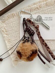 1pc Autumn/Winter Vintage Star Brown & Green Bag Charm, Leopard Print Woven Strap Retro Key Pendant Bag Accessory - Multicolor - View 7