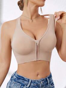 Sujetador deportivo sin costuras y con cremallera frontal de alta intensidad para mujer, adecuado para primavera, verano, otoño e invierno - Champán - Ver 5