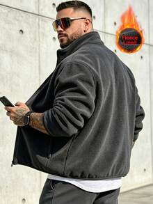 Men's Fleece Casual Solid Color Long Sleeve Jacket, Versatile For Autumn/Winter - Dark Grey - View 5
