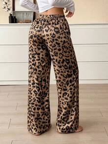 Women's Leopard Print Wide Leg Pajama Pants, Elastic Waist, Loose Drape Home Pants, Casual Wear For Outings, Holiday Gift Choice - Brown - View 3