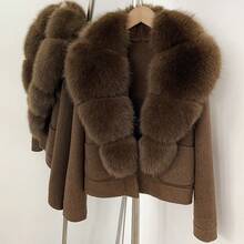 OFTBUY Women's Short Wool Blend Jacket, Faux Fox Fur Large Lapel Long Sleeve Patch Pocket Vintage Brown Winter Warm Coat - Coffee Brown - View 4