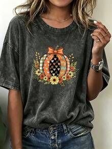 Vintage Distressed Style Cat Print Plus Size Women's T-Shirt - Black - View 6
