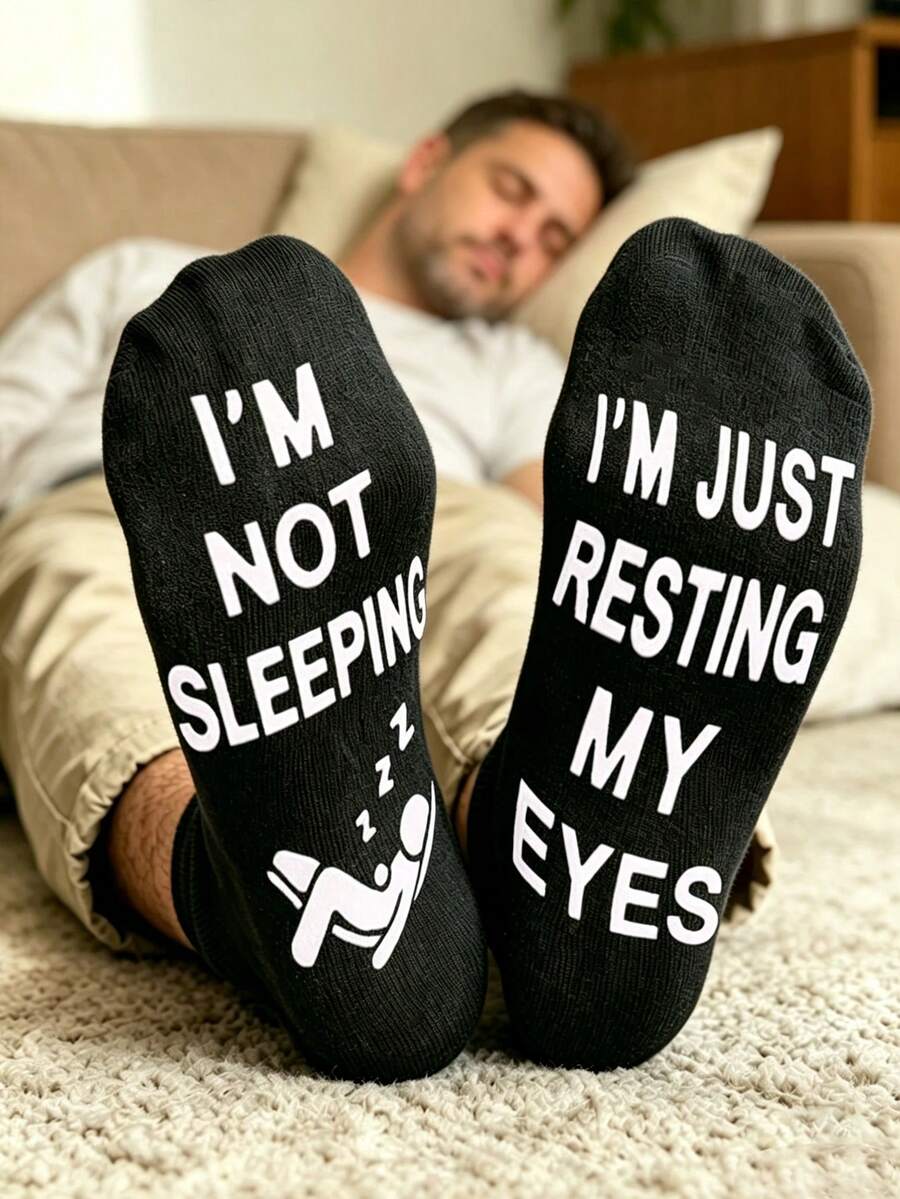1 Pair Men's Socks, "I'm Not Sleeping, I'm Just Resting My Eyes", Floor Socks, Anti-Slip Socks, Novelty Socks - Black - View 1