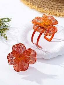 2件組優雅高端金屬拉絲鏤空蝴蝶花朵吊墜手鍊與戒指套組，適合女性日常、派對、假日穿戴 - 橘色 - 查看 3