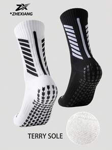 1/3/6 Pairs Men's Silicone Anti-Slip Mid-Calf Socks, Breathable & Sweat-Absorbing Sports Socks For Fitness, Running, Basketball, Football Training - Black and White - View 2