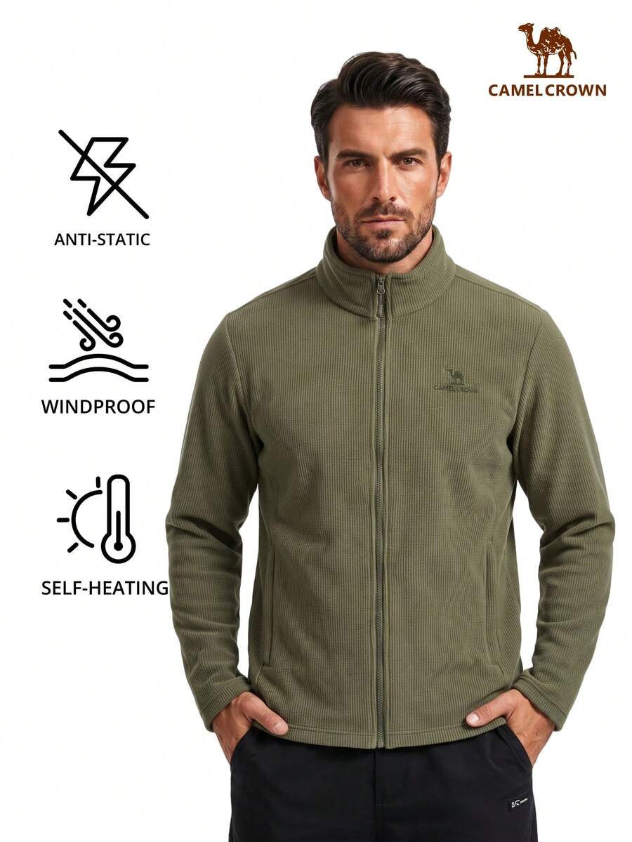 CAMEL CROWN New Men's Solid Color Long Sleeve Stand Collar Zip-Up Fleece Outdoor Jacket - Dark Olive Green - View 1