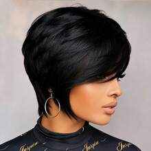 Wig Potongan Pixie Pendek, Rambut Manusia Perawan Brasil, Wig Potongan Pixie Berlapis Belahan Samping Panjang untuk Wanita, 6 Inci, Kepadatan 150%, Buatan Mesin Sepenuhnya, Tanpa Renda, Cocok untuk Pemakaian Sehari-hari, Pesta dan Cosplay, Warna 1B# - S1 - View 11
