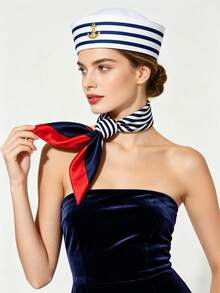 5pcs/2pcs/1pc Unisex Classic White Sailor Hat With Blue Stripes, Sailor Hat Set, Navy Style Hat, Ocean Theme Party Sailor Hat + Scarf Set, Vintage Navy Style Stage Performance Prop - Multicolor - View 2