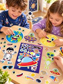 Outer Space Educational Puzzle Sticker Sheets, Parent-Child Interactive Make A Face DIY Craft Decals For Happy Birthday Party Decoration, Solar System Theme Favors, Festive Celebration Games Supplies Kits Sets Box Packages Goodie Bags Stuffers Pack - Multicolor - View 2