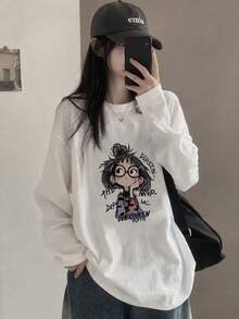 Women's Loose Fashion Versatile Cartoon Little Girl Print Long Sleeve T-Shirt, Spring/Autumn Casual White - White - View 1