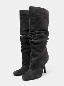 Sepatu Boots Tinggi Ujung Runcing Hak Tinggi Gaya Vintage Shaft Lebar Setinggi Lutut Hak Stiletto Riding Boots Baru - Dark Grey - View 7