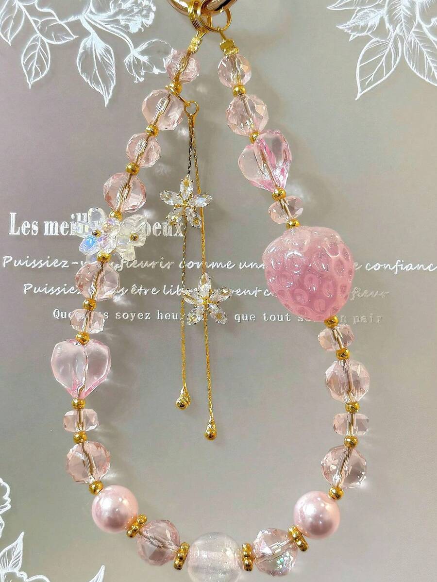 1pc Sweet Pink Strawberry Beaded Heart Keychain Bag Pendant Accessory - Multicolor - View 1