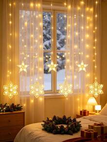 Hanging Star & Snowflake Curtain Lights, Snowflake Shaped LED Window Lights, AA Battery Powered Snowflake Fairy String Lights, Christmas Indoor Wall Backdrop Holiday Celebration Decor Lights, Warm White LED Christmas Star Lights - Transparent-stars+Snowflakes - View 3