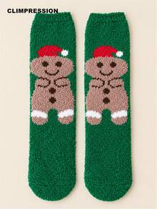 CLIMPRESSION Christmas Pattern Mid-Calf Socks, Soft Coral Fleece Warm Slippers Socks, Green Holiday Indoor Floor Socks, Women's - Green - View 3