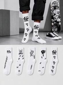5 Pairs Men's Black & White Graffiti Mid-Calf Socks, Street Style Cartoon Pattern Casual Socks, Soft Comfortable Breathable Spring Autumn Socks, Suitable For Daily Commute, Sports, Skateboarding And Streetwear Outfits - Multicolor - View 1