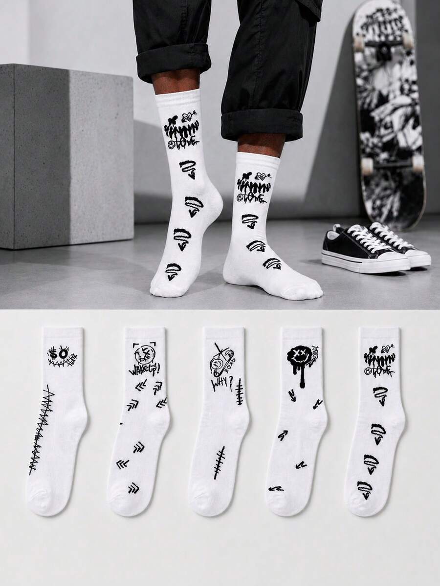 5 Pairs Men's Black & White Graffiti Mid-Calf Socks, Street Style Cartoon Pattern Casual Socks, Soft Comfortable Breathable Spring Autumn Socks, Suitable For Daily Commute, Sports, Skateboarding And Streetwear Outfits - Multicolor - View 1