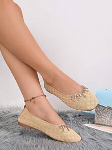 Women's Knit Mesh Slip-On Shoes, Rhinestone Tassel Decor On Toe, Foldable Soft Sole - Khaki - View 5