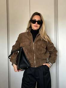 Women's Faux Suede Short Aviator Jacket, Ribbed Collar, Zipper Front, With Pockets - Army Green - View 7