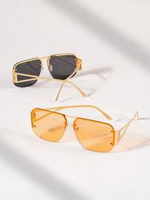 Women Rimless Square Sunglasses, Hollow Cutout Metal Temple Fashion Shades, Rivet Decor Oversized Eyewear For Beach Daily - Multicolor - View 5