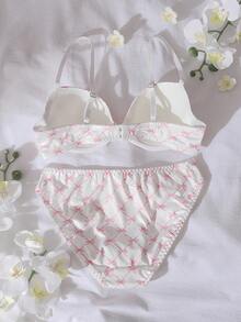 DelicateAllure 2pcs Set Lace Patchwork Bowknot Padded Underwire Bra & Panty , Sweet & Charming, Lift & Support - White - View 2