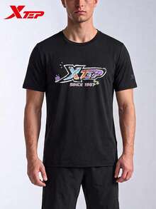 XTEP Short Sleeve Knit T-Shirt | New Men's Versatile Casual Sports Top Half Sleeve Black - True Black - View 1